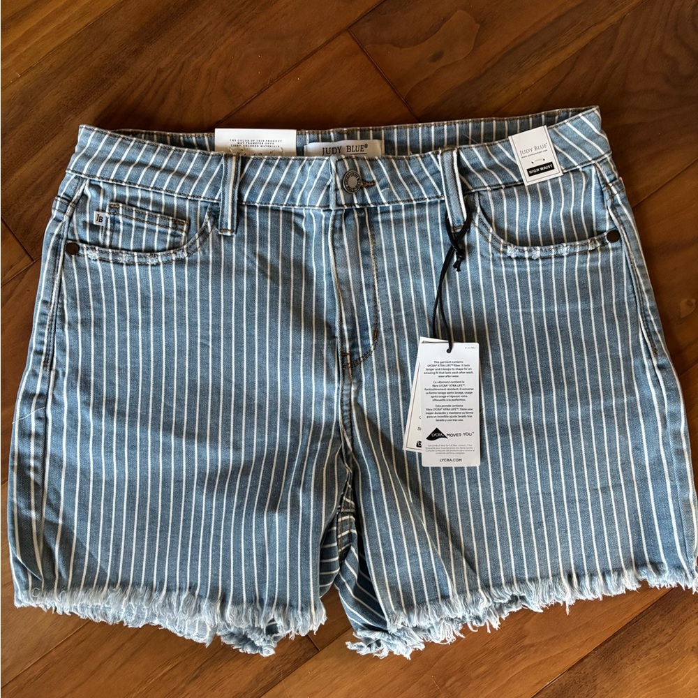 Judy Blue Blue and White Striped Jean Shorts